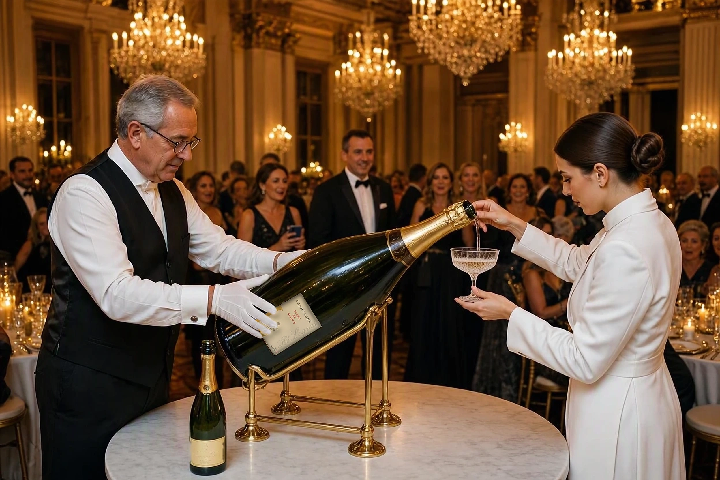 Service d'un Melchisédech R&L Legras de 30 litres lors d'une soirée de gala.