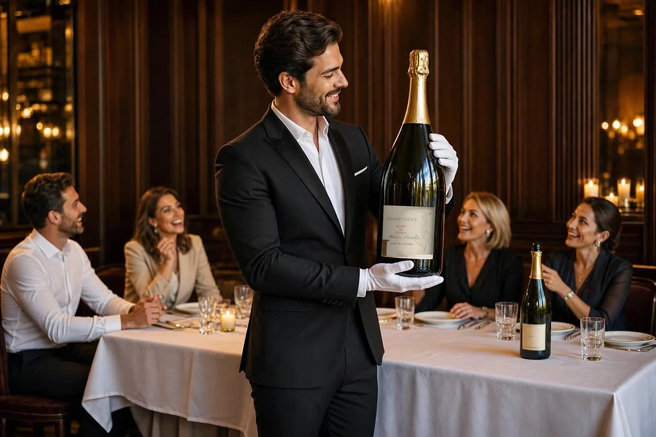 Un sommelier présente un grand format de champagne R&L Legras à l'étiquette « Maison Lavallée » à une table.
