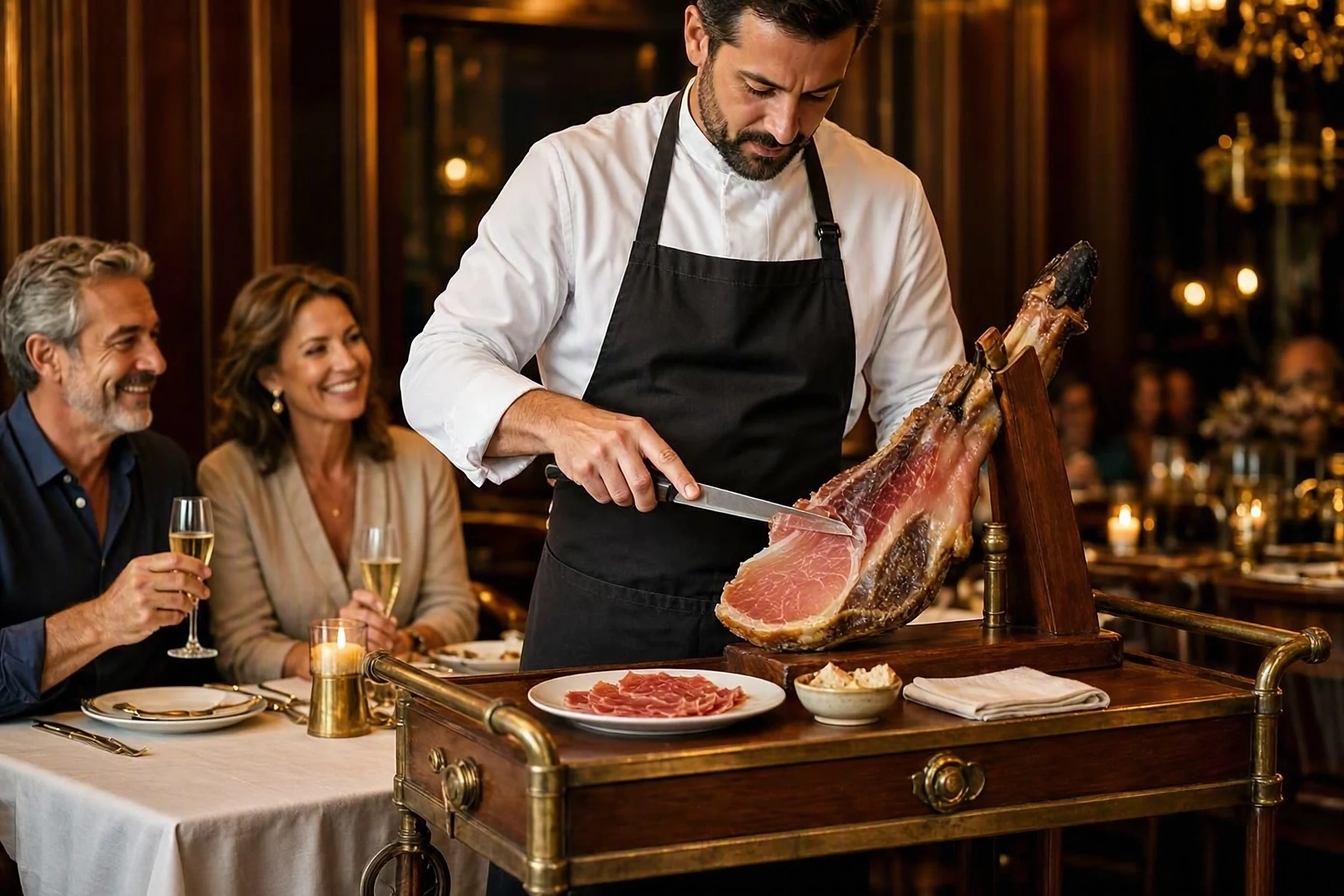 Un trancheur découpe un jambon Iberico sur un chariot de service, à côté de la table d'un couple.